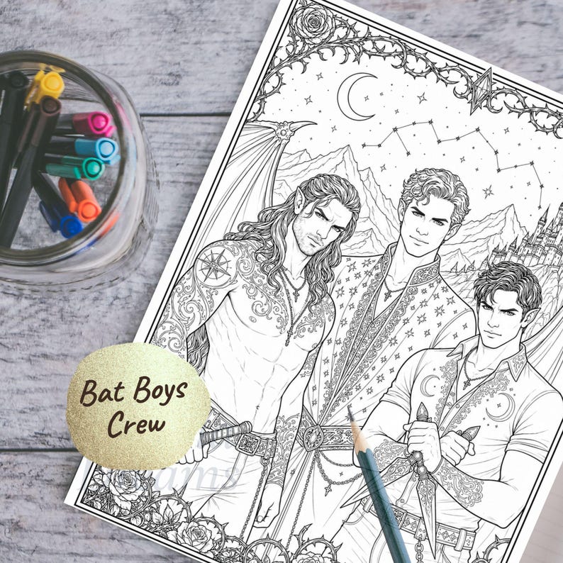 Peut inclure: Page de livre de coloriage fantastique en noir et blanc repr&eacute;sentant trois personnages masculins avec des v&ecirc;tements et des accessoires d&eacute;taill&eacute;s. La page comprend un ch&acirc;teau, des montagnes, un croissant de lune et des &eacute;toiles. Le texte "Bat Boys Crew" est sur un cercle dor&eacute;.