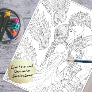 May include: Black and white illustration of a romantic scene with a couple kissing, dragons, and a castle. The image is labeled "Epic Love and Character Illustrations". A glass jar of colored markers is in the background.