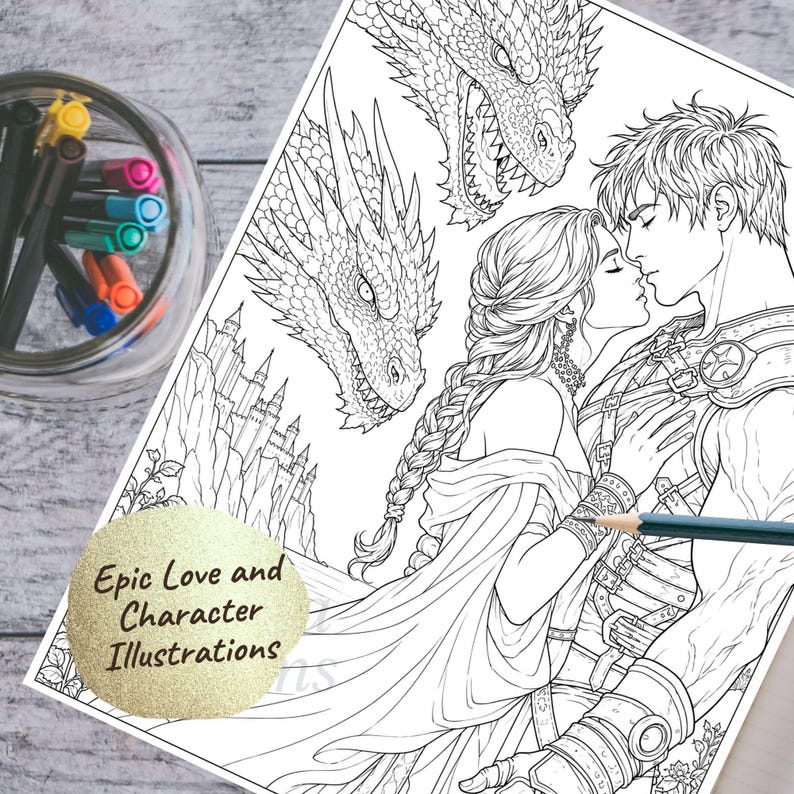 May include: Black and white illustration of a romantic scene with a couple kissing, dragons, and a castle. The image is labeled "Epic Love and Character Illustrations". A glass jar of colored markers is in the background.