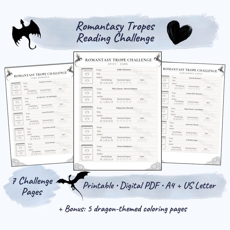 May include: A printable digital PDF with the text "Romantasy Tropes Reading Challenge." The image shows three challenge pages with dragon illustrations and the text "7 Challenge Pages" and "+ Bonus: 5 dragon-themed coloring pages."