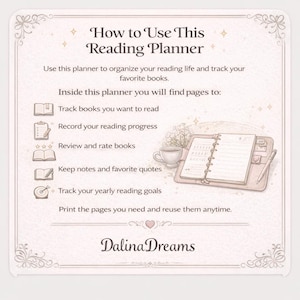 May include: A square informational card titled How to Use This Reading Planner by Dalina Dreams. It lists features for tracking books, reading progress, ratings, notes, and yearly goals, accompanied by a graphic of an open planner and a teacup.