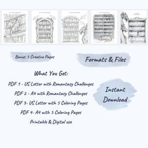 May include: Digital download featuring black and white illustrations of bookshelves with dragons. Includes bonus creative pages and various PDF formats: US Letter and A4, with Romantasy challenges and coloring pages. Printable and digital use.