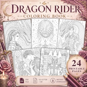 Puede incluir: Un libro para colorear Dragon Rider con 24 páginas imprimibles. La portada muestra el título en texto oscuro con cinco ilustraciones de líneas en blanco y negro que muestran personajes y dragones. Incluye iconos de PDF, US Letter y A4.