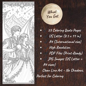 Peut inclure: Illustration en noir et blanc d'un couple de fantasy devant un ch&acirc;teau et des montagnes. Le texte "What You Get" est pr&eacute;sent, avec des informations comme "23 pages de citations &agrave; colorier" et "Format A4 (taille internationale)".