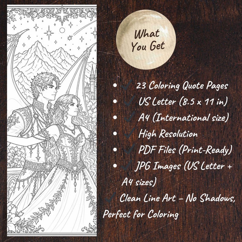 Peut inclure: Illustration en noir et blanc d'un couple de fantasy devant un ch&acirc;teau et des montagnes. Le texte "What You Get" est pr&eacute;sent, avec des informations comme "23 pages de citations &agrave; colorier" et "Format A4 (taille internationale)".