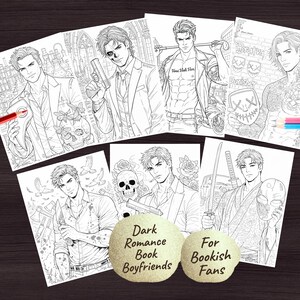 May include: A collection of black and white coloring book pages featuring male figures in various poses. The pages include images of men with weapons, tattoos, and holding masks. The text on the image says "Dark Romance Book Boyfriends" and "For Bookish Fans".