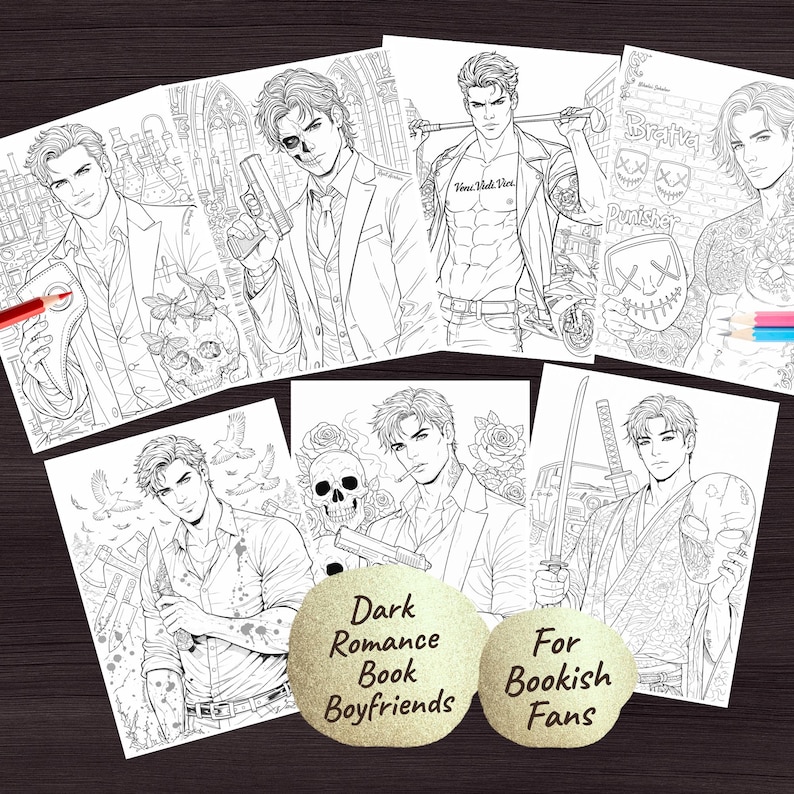 May include: A collection of black and white coloring book pages featuring male figures in various poses. The pages include images of men with weapons, tattoos, and holding masks. The text on the image says "Dark Romance Book Boyfriends" and "For Bookish Fans".