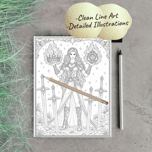 Peut inclure: Une page de livre de coloriage d'art fantastique en noir et blanc repr&eacute;sentant une femme tenant une couronne et un orbe brillant, entour&eacute;e d'&eacute;p&eacute;es. Le texte "-Clean Line Art -Detailed Illustrations" est au-dessus.