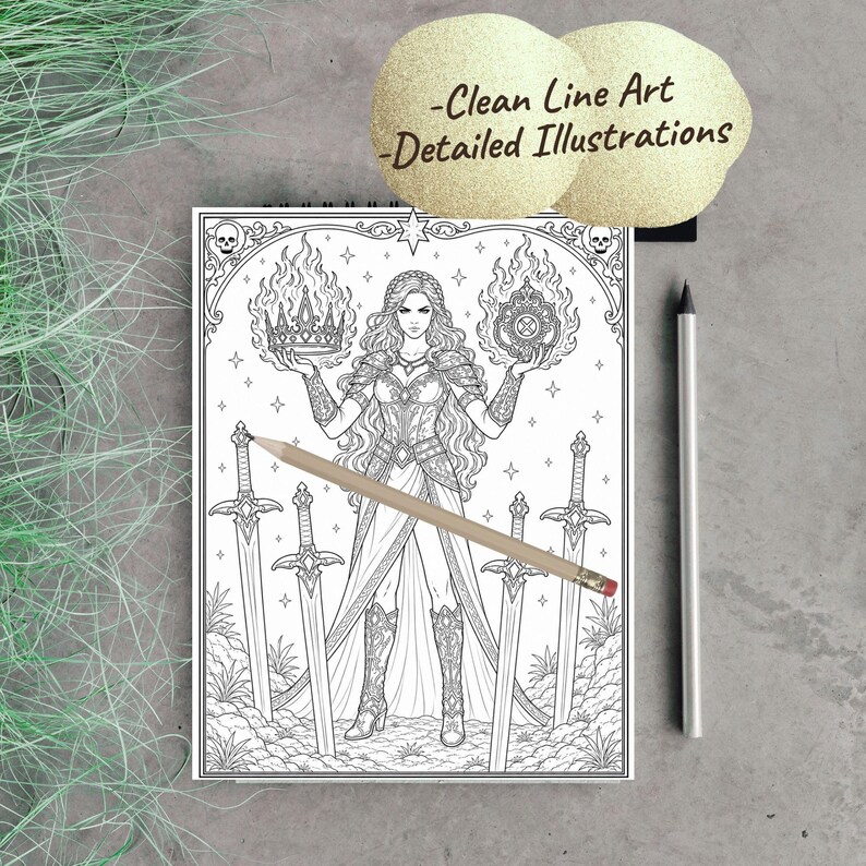 Peut inclure: Une page de livre de coloriage d'art fantastique en noir et blanc repr&eacute;sentant une femme tenant une couronne et un orbe brillant, entour&eacute;e d'&eacute;p&eacute;es. Le texte "-Clean Line Art -Detailed Illustrations" est au-dessus.