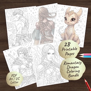 Dragon Rider Coloring Pages, Romantasy Bookish Art, BookTok Gift (28 Page PDF Bundle)