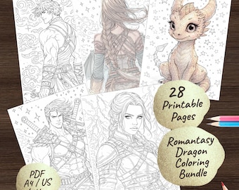Dragon Rider Coloring Pages, Romantasy Bookish Art, BookTok Gift (28 Page PDF Bundle)