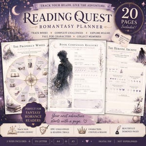May include: A fantasy-themed planner titled "Reading Quest Romantasy Planner" with 20 pages. The design features a castle, moon, and various layouts for tracking books, challenges, and characters. Includes US Letter, A4, and A5 sizes.