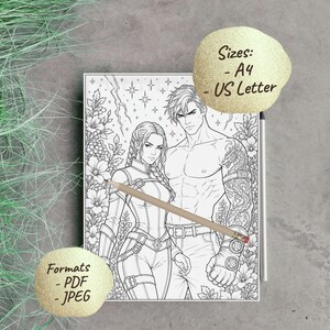 May include: Black and white line art coloring page featuring a muscular man and woman surrounded by floral elements. The image includes the text "Sizes: - A4 - US Letter" and "Formats - PDF - JPEG". A pencil rests on the page.