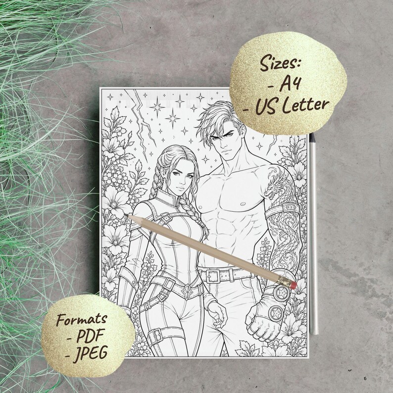 May include: Black and white line art coloring page featuring a muscular man and woman surrounded by floral elements. The image includes the text "Sizes: - A4 - US Letter" and "Formats - PDF - JPEG". A pencil rests on the page.