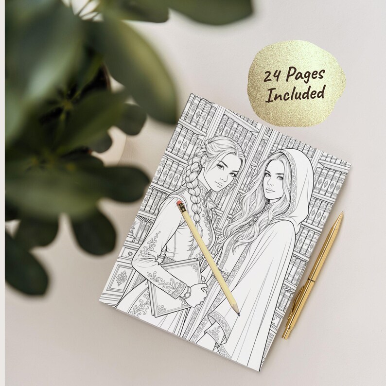 May include: A coloring book featuring two women with detailed hairstyles and clothing, set against a backdrop of bookshelves. A pencil and a gold pen rest on the book. The text "24 Pages Included" is on a gold circle.