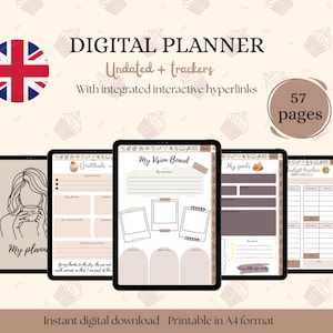 Peut inclure: Planificateur numérique avec des trackers non datés et des hyperliens interactifs. L'image montre un planificateur numérique de 57 pages, affiché sur plusieurs tablettes. Le planificateur comprend des sections pour la gratitude, les tableaux de vision, les objectifs et le suivi budgétaire.