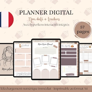 Peut inclure: Un planner numérique avec un drapeau français, présentant des pages numériques sur des tablettes. Le planner comprend des sections pour la gratitude, les tableaux de vision et la définition d'objectifs. Le texte indique "PLANNER DIGITAL" et "57 pages."