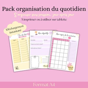 Peut inclure: Ensemble de pages de planification quotidienne imprimables en jaune, lavande et rose. Les pages comprennent une liste de tâches, la définition d'objectifs et un planificateur de repas hebdomadaire. Le texte comprend "Pack organisation du quotidien" et "Format A4".