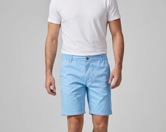 Pantalones cortos chinos de algodón para hombre: corte recto, largo hasta la rodilla, cintura elástica informal de verano.