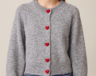Suéter tipo cárdigan de punto - Mezcla de lana suave con botones de corazón - Regalo para ella