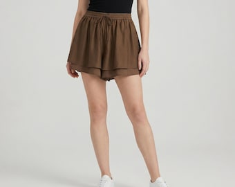 Shorts de lyocell de cintura alta - Minifalda de verano fluida marrón