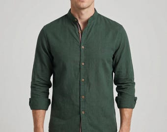 Camisa de algodón con cuello mandarín para hombre - Corte entallado e informal con botones