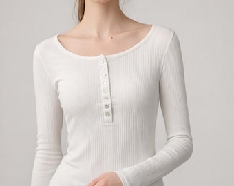 Camiseta Henley de canalé para mujer - Camiseta informal de manga larga y corte ajustado - Top de diario para otoño e invierno - Camisa de punto con botones delanteros - Regalo de San Valentín