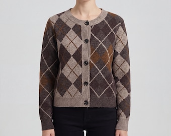 Cárdigan de punto de rombos: suéter vintage a cuadros con botones delanteros
