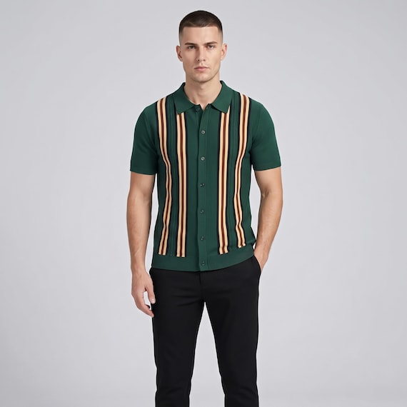 Men's Knit Polo Shirt – Retro Vertical Stripes, Short Sleeve Button Up Top