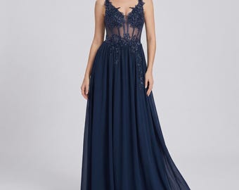 Vestido largo de gasa azul marino – Vestido de noche con escote en V y apliques de encaje