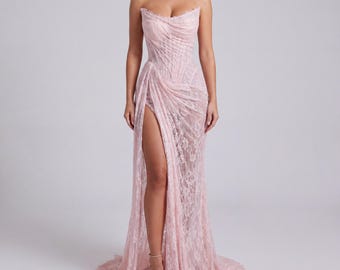 Vestido largo sin tirantes de encaje y lentejuelas rosas – Elegante vestido formal ajustado