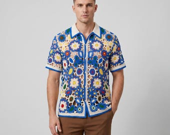 Gehaakt gebloemd herenoverhemd – vintage zomertop met knopen