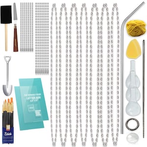 May include: An assortment of craft supplies, including paintbrushes, a small shovel, and a collection of silver-colored ball chains. Also included are a sponge brush, a palette knife, and a bundle of clear PVC binding covers.