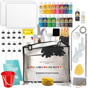 May include: A complete pulling paint art kit with various art supplies. Includes paint bottles, paint brushes, canvases, gloves, and a tote bag. The kit also contains a red bucket, a yellow sponge, and a silver chain. The text on the bag reads "PULLING PAINT ART KIT".