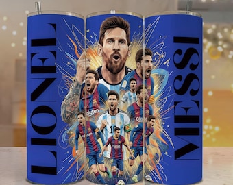 Diseño PNG para vasos térmicos de Messi, arte deportivo dinámico, vasos rectos y cónicos de 20 oz y 30 oz.