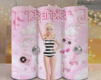 Vaso retro rosa con diseño de muñeca, diseño kawaii, vaso delgado de 20 oz estilo pastel femenino (PNG), envoltura para sublimación