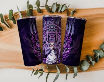 Diseño PNG de vaso térmico de terror anime oscuro, diseño de aura demoníaca gótica, estética neón púrpura, descarga digital de vaso térmico delgado de 20 oz para sublimación