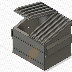 May include: A 3D-rendered model of a gray dumpster with a hinged lid. The lid is partially open, revealing the interior. The design features ribbed detailing on the lid and sides, with a rectangular shape. The model is set against a grid background.