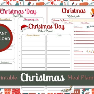 Könnte beinhalten: Ein druckbarer Weihnachts-Essensplaner mit Abschnitten für einen Essensplan, eine Einkaufsliste und Rezeptkarten. Das Design enthält festliche Elemente wie einen Weihnachtsmannhut und dekorative Bordüren. Die Wörter "Christmas Day" und "Printable Christmas Meal Planner" sind prominent dargestellt.