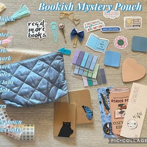 May include: A flat lay of a "Bookish Mystery Pouch" with various stationery items. The pouch is light blue and quilted. Included are pens, a highlighter, bookmarks, sticky notes, washi dots, paper clips, and stickers. The text "read more books" is visible.