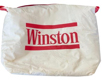 Borsa termica vintage Winston con pubblicità di sigarette, bianca e rossa, con cerniera.