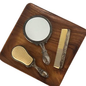 Vintage Silver-Plated Vanity Set Mirror Brush Comb Dressing Table Set