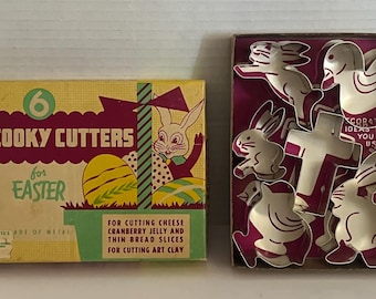 Vintage Ostern Ausstechförmchen | 1940er Jahre Metall Hase, Vogel, Kreuz Set