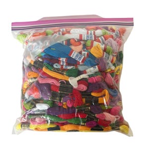 May include: A clear plastic resealable bag filled with a large assortment of multi-colored embroidery floss skeins. Each skein features a paper label with the text Friends Threads 8.75 yd 8m. The collection includes various vibrant hues.