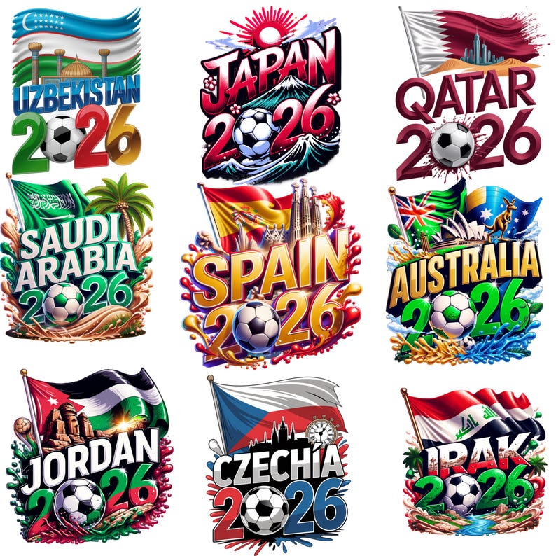 K&ouml;nnte beinhalten: Eine Sammlung farbenfroher Fu&szlig;ball-Grafiken mit Flaggen und Wahrzeichen verschiedener L&auml;nder. Jedes Design enth&auml;lt den Namen des Landes, das Jahr "2026" und einen Fu&szlig;ball. L&auml;nder: Usbekistan, Japan, Katar, Saudi-Arabien, Spanien, Australien, Jordanien, Tschechien und Irak.