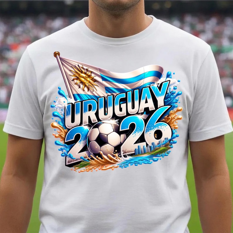 K&ouml;nnte beinhalten: Wei&szlig;es T-Shirt mit einem Grafikdesign f&uuml;r Uruguay 2026. Das Design zeigt die uruguayische Flagge, das Wort "URUGUAY" in Blau, die Zahlen "26" und einen Fu&szlig;ball. Das Design ist von blauen und goldenen Spritzern umgeben.