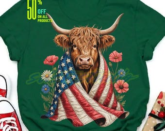 Vaca de las Tierras Altas Patriótica PNG: Bandera del 4 de julio, diseño floral con pinceladas, estilo western country, sublimación.