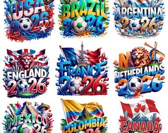 Paquete PNG de selecciones nacionales para la Copa Mundial 2026, diseños internacionales de fútbol de países, imágenes prediseñadas de fútbol, descarga digital de EE. UU., Canadá y México