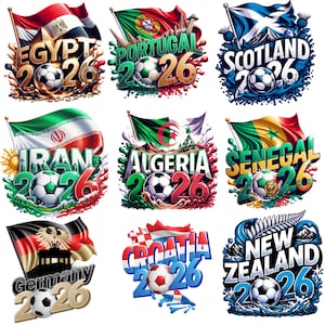 K&ouml;nnte beinhalten: Fu&szlig;ball-Grafiken mit Flaggen und dem Text "2026" f&uuml;r &Auml;gypten, Portugal, Schottland, Iran, Algerien, Senegal, Deutschland, Kroatien und Neuseeland. Jedes Design enth&auml;lt einen Fu&szlig;ball.