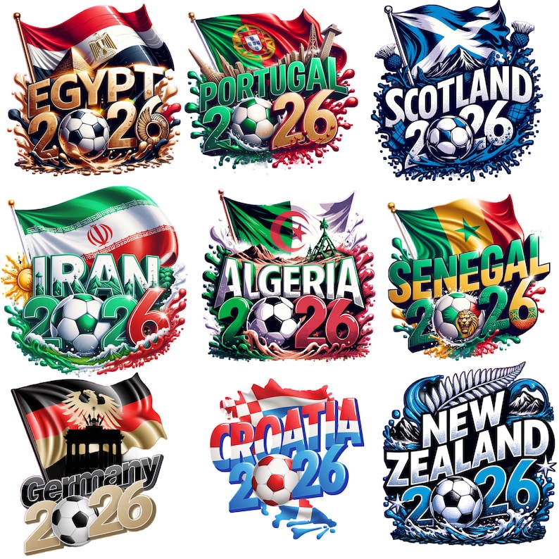 K&ouml;nnte beinhalten: Fu&szlig;ball-Grafiken mit Flaggen und dem Text "2026" f&uuml;r &Auml;gypten, Portugal, Schottland, Iran, Algerien, Senegal, Deutschland, Kroatien und Neuseeland. Jedes Design enth&auml;lt einen Fu&szlig;ball.